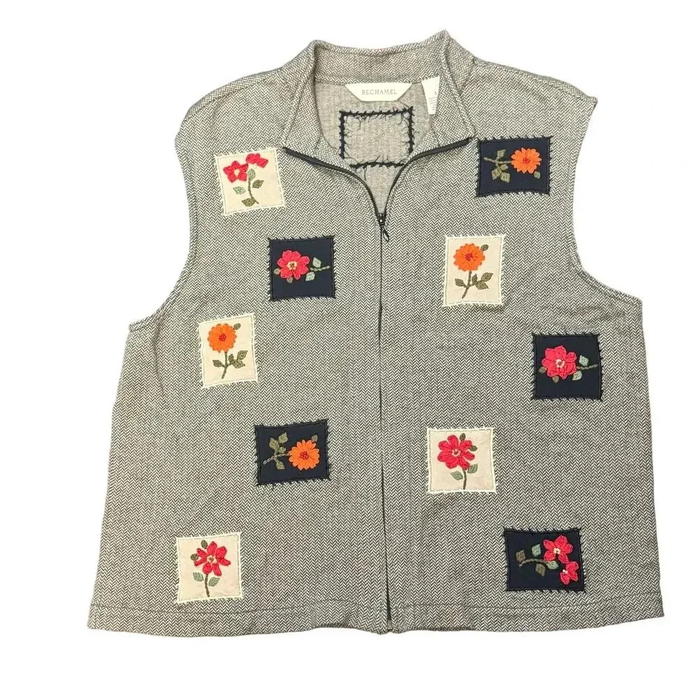 Vintage Bechamel 100% Cotton Floral Fall Patchwork Herringbone‎ Vest Women's L
